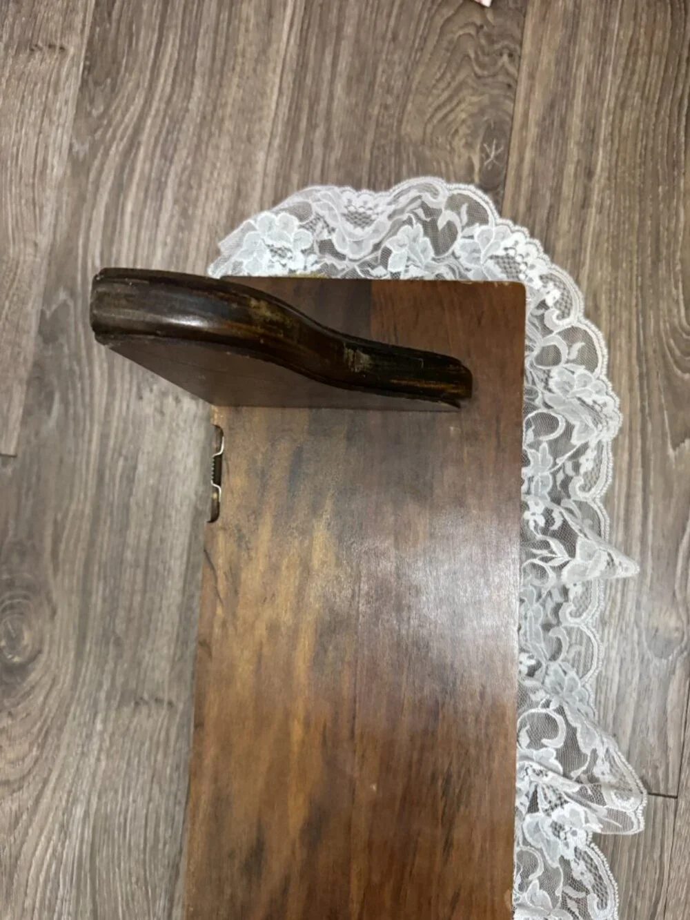 Vintage Farmhouse Wooden Wall Shelf with Lace Trim Cottage Chic Display Shelf